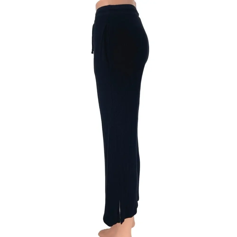 Aqua Black Ribbed Mid Rise Drawstring Cropped Relaxed Lounge Sweat Pants Size S